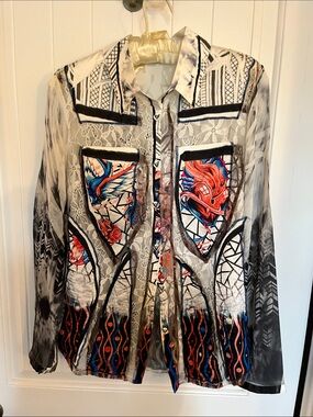 FunSport Printed Sheer Blouse with Multicolor Graphics